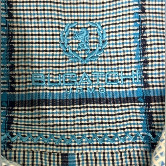 Bugatchi Uomo Blue Black White Square Long Sleeve Flip Cuffs Shirt Shaped Fit L - Picture 3 of 5